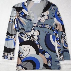 Emilio Pucci 3/4 Sleeve Pullover Shirt | V-Neck | Geometric Designs |  | Sm
